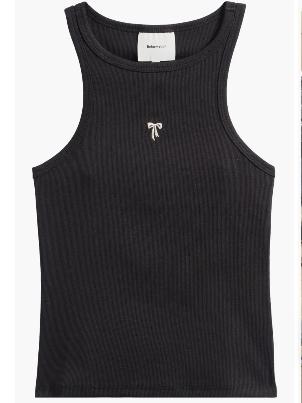 NWOT Reformation Black Ribbed Tank with Embroidered Cream Bow - S